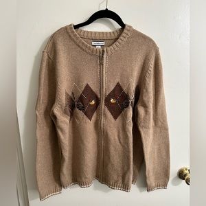 Brown/Tan Bird Zip Up Sweater Jacket
